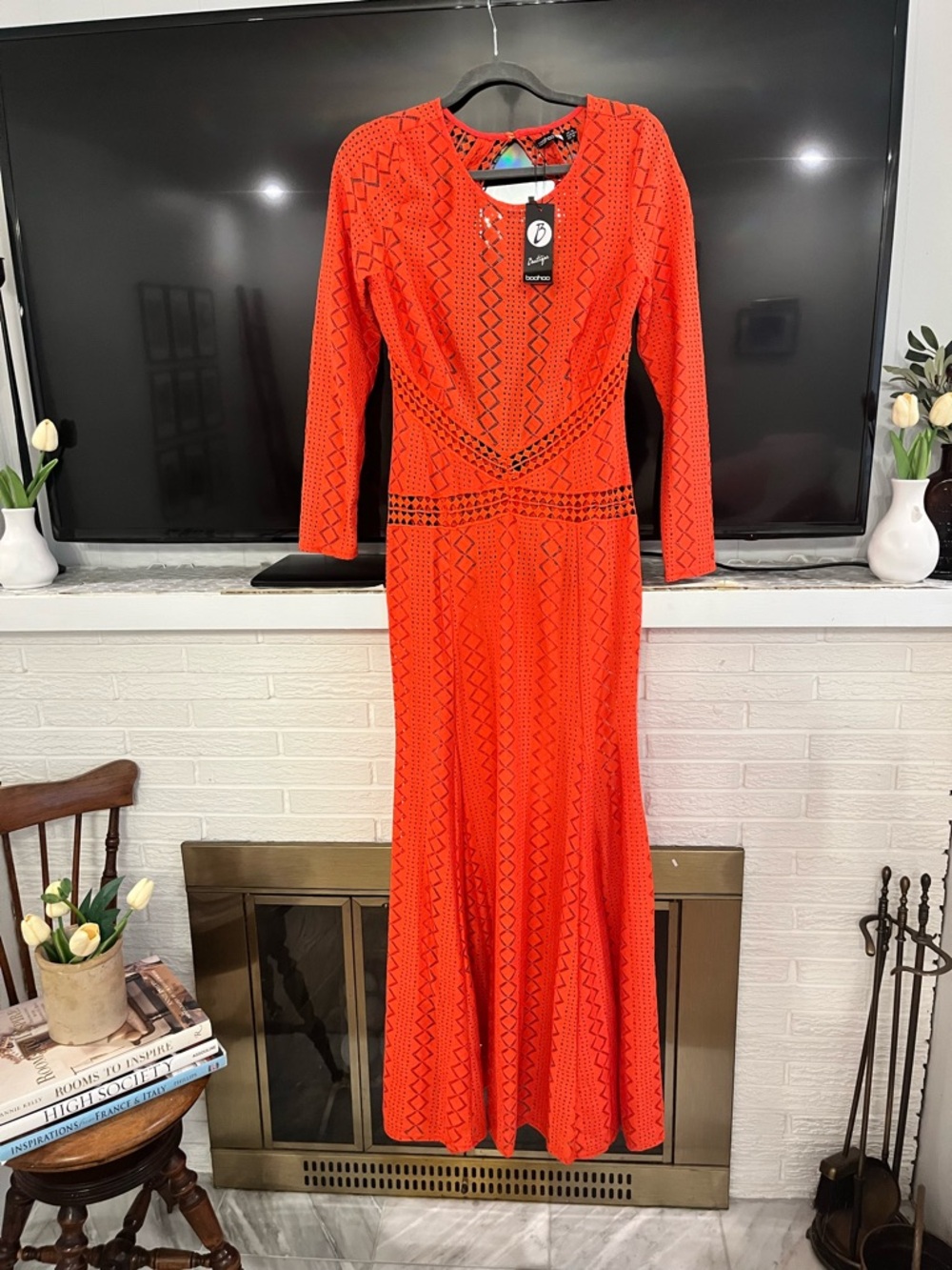 Boohoo Bright Orange Long Sleeve Eyelet Knit Maxi Dress